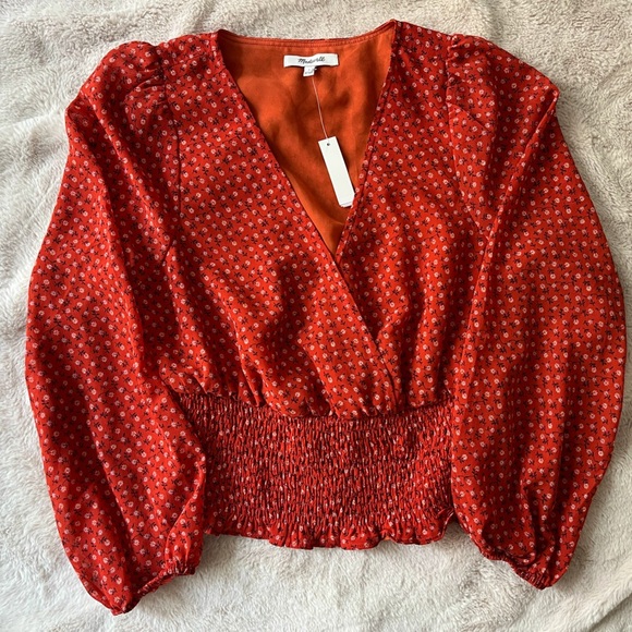 NWT Madewell Julianne Smocked-Waist Top Red Size S - Picture 9 of 10